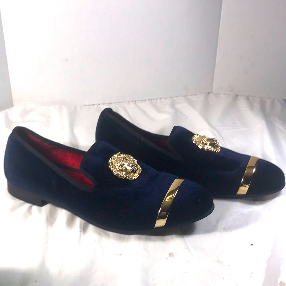 Mens Jitai Penny Blue Velvet Luxury Loafers with Gold Toned Lion & Bar Accents